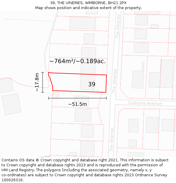 39, THE VINERIES, WIMBORNE, BH21 2PX: Plot and title map