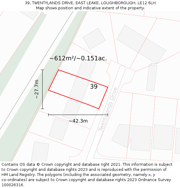 39, TWENTYLANDS DRIVE, EAST LEAKE, LOUGHBOROUGH, LE12 6LH: Plot and title map