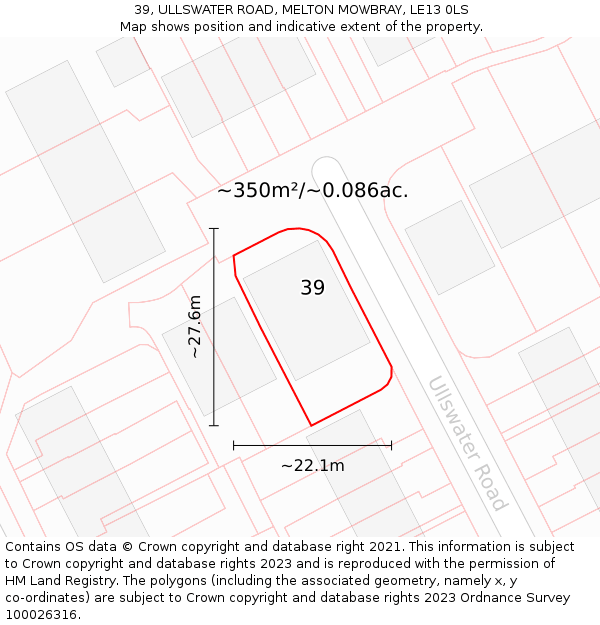 39, ULLSWATER ROAD, MELTON MOWBRAY, LE13 0LS: Plot and title map