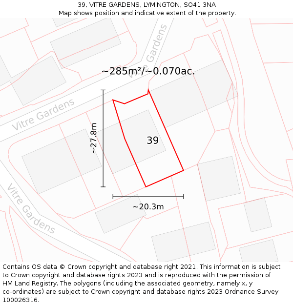 39, VITRE GARDENS, LYMINGTON, SO41 3NA: Plot and title map