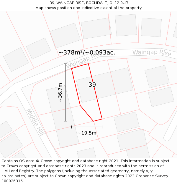 39, WAINGAP RISE, ROCHDALE, OL12 9UB: Plot and title map