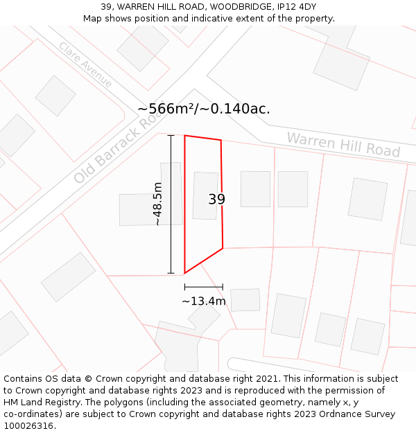39, WARREN HILL ROAD, WOODBRIDGE, IP12 4DY: Plot and title map