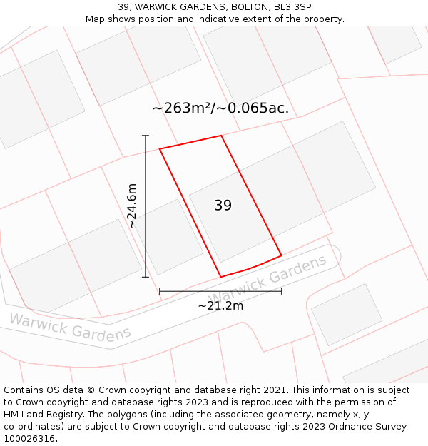 39, WARWICK GARDENS, BOLTON, BL3 3SP: Plot and title map
