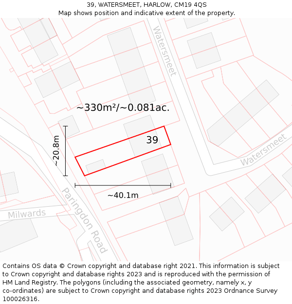 39, WATERSMEET, HARLOW, CM19 4QS: Plot and title map