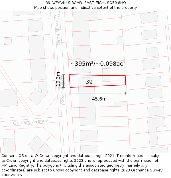 39, WEAVILLS ROAD, EASTLEIGH, SO50 8HQ: Plot and title map