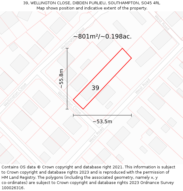 39, WELLINGTON CLOSE, DIBDEN PURLIEU, SOUTHAMPTON, SO45 4RL: Plot and title map