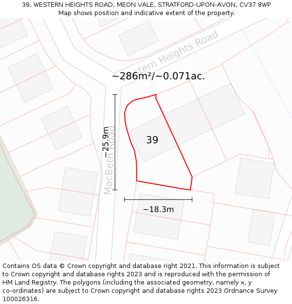 39, WESTERN HEIGHTS ROAD, MEON VALE, STRATFORD-UPON-AVON, CV37 8WP: Plot and title map