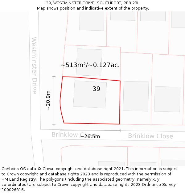 39, WESTMINSTER DRIVE, SOUTHPORT, PR8 2RL: Plot and title map