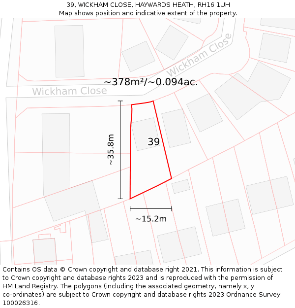 39, WICKHAM CLOSE, HAYWARDS HEATH, RH16 1UH: Plot and title map