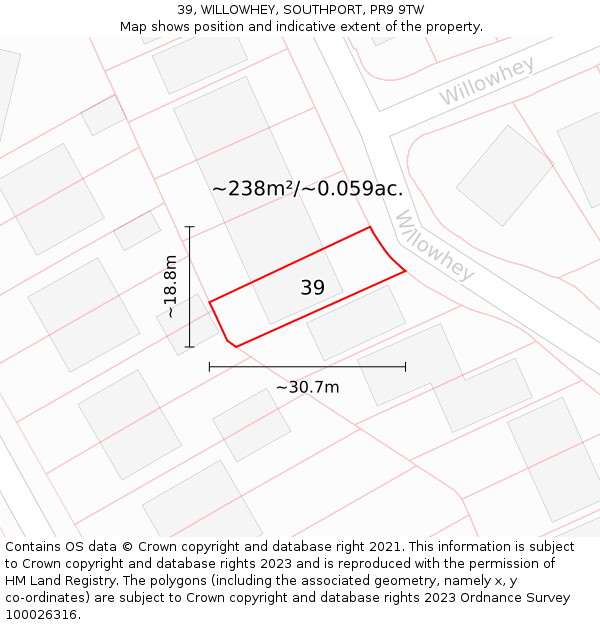 39, WILLOWHEY, SOUTHPORT, PR9 9TW: Plot and title map