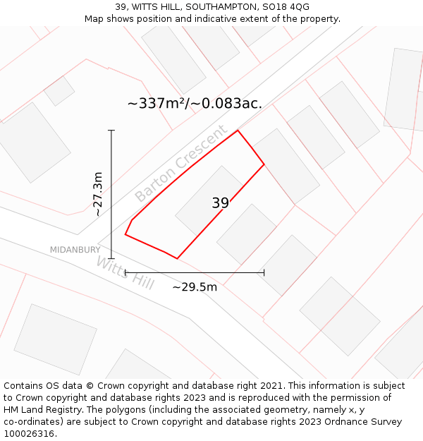 39, WITTS HILL, SOUTHAMPTON, SO18 4QG: Plot and title map