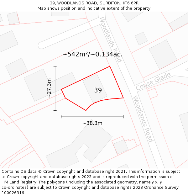 39, WOODLANDS ROAD, SURBITON, KT6 6PR: Plot and title map