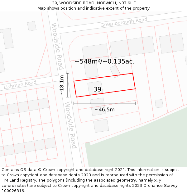 39, WOODSIDE ROAD, NORWICH, NR7 9HE: Plot and title map