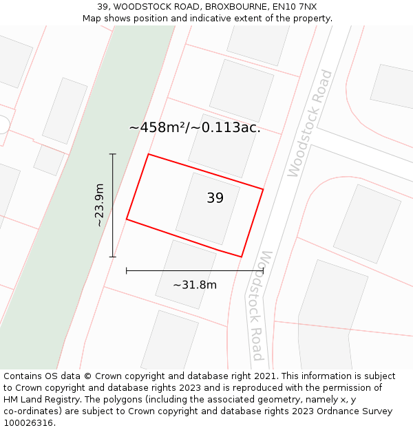 39, WOODSTOCK ROAD, BROXBOURNE, EN10 7NX: Plot and title map