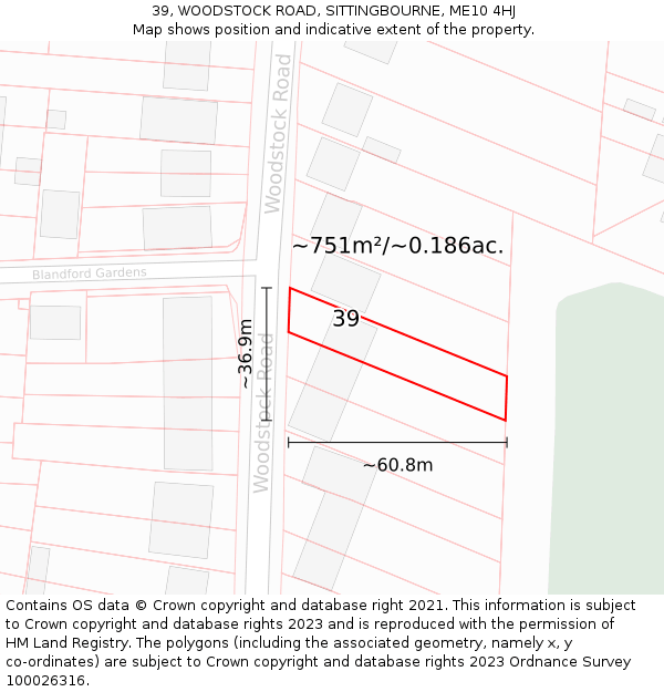 39, WOODSTOCK ROAD, SITTINGBOURNE, ME10 4HJ: Plot and title map