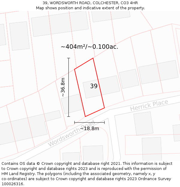 39, WORDSWORTH ROAD, COLCHESTER, CO3 4HR: Plot and title map