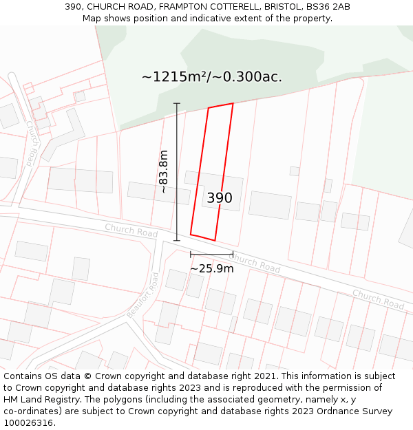 390, CHURCH ROAD, FRAMPTON COTTERELL, BRISTOL, BS36 2AB: Plot and title map