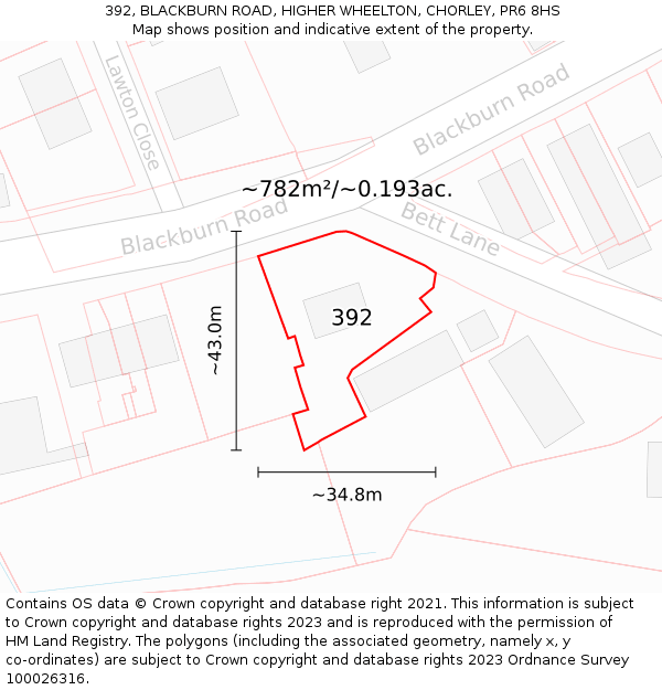 392, BLACKBURN ROAD, HIGHER WHEELTON, CHORLEY, PR6 8HS: Plot and title map