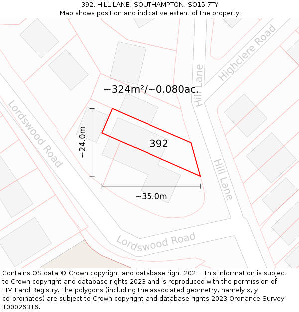 392, HILL LANE, SOUTHAMPTON, SO15 7TY: Plot and title map