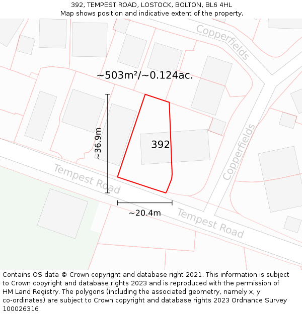 392, TEMPEST ROAD, LOSTOCK, BOLTON, BL6 4HL: Plot and title map