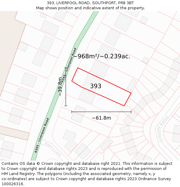 393, LIVERPOOL ROAD, SOUTHPORT, PR8 3BT: Plot and title map