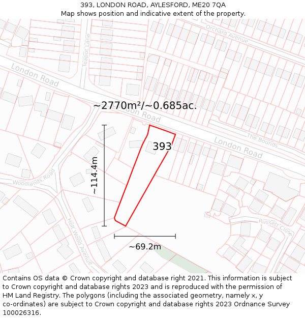 393, LONDON ROAD, AYLESFORD, ME20 7QA: Plot and title map