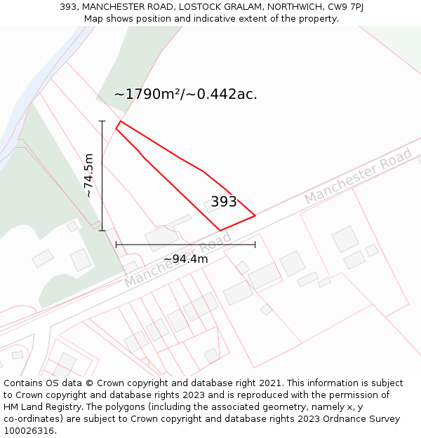 393, MANCHESTER ROAD, LOSTOCK GRALAM, NORTHWICH, CW9 7PJ: Plot and title map