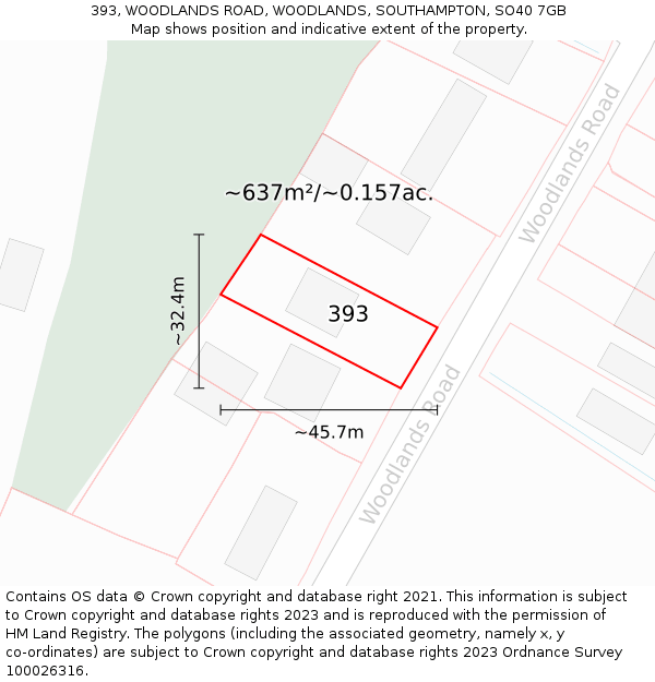 393, WOODLANDS ROAD, WOODLANDS, SOUTHAMPTON, SO40 7GB: Plot and title map