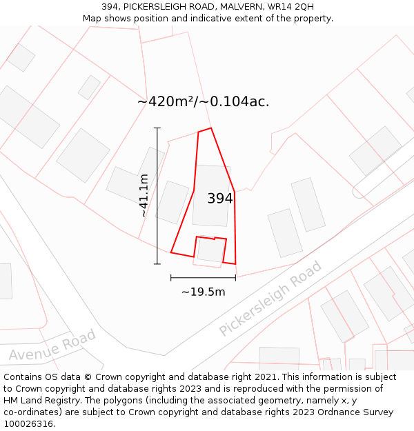 394, PICKERSLEIGH ROAD, MALVERN, WR14 2QH: Plot and title map