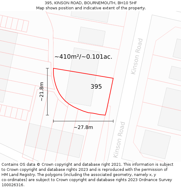 395, KINSON ROAD, BOURNEMOUTH, BH10 5HF: Plot and title map
