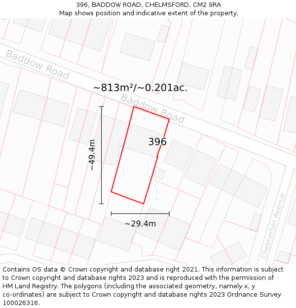 396, BADDOW ROAD, CHELMSFORD, CM2 9RA: Plot and title map