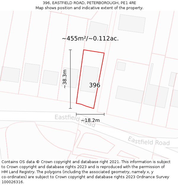 396, EASTFIELD ROAD, PETERBOROUGH, PE1 4RE: Plot and title map