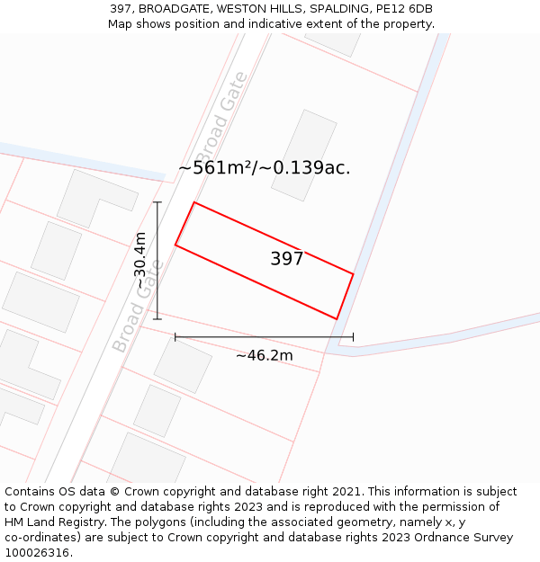 397, BROADGATE, WESTON HILLS, SPALDING, PE12 6DB: Plot and title map