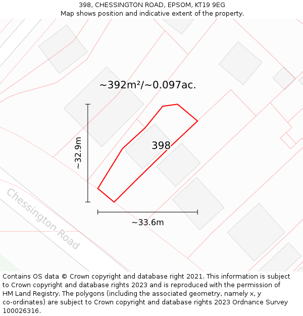 398, CHESSINGTON ROAD, EPSOM, KT19 9EG: Plot and title map