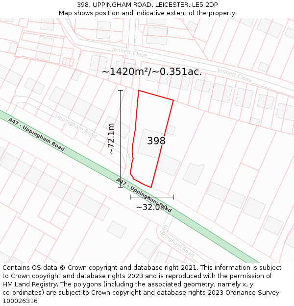 398, UPPINGHAM ROAD, LEICESTER, LE5 2DP: Plot and title map