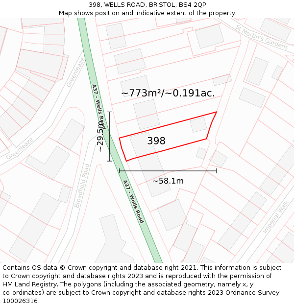 398, WELLS ROAD, BRISTOL, BS4 2QP: Plot and title map