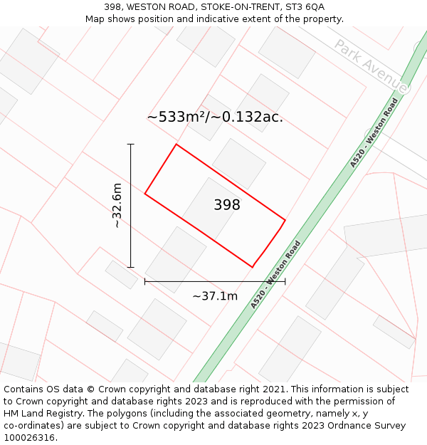 398, WESTON ROAD, STOKE-ON-TRENT, ST3 6QA: Plot and title map