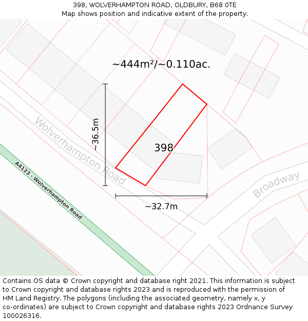 398, WOLVERHAMPTON ROAD, OLDBURY, B68 0TE: Plot and title map