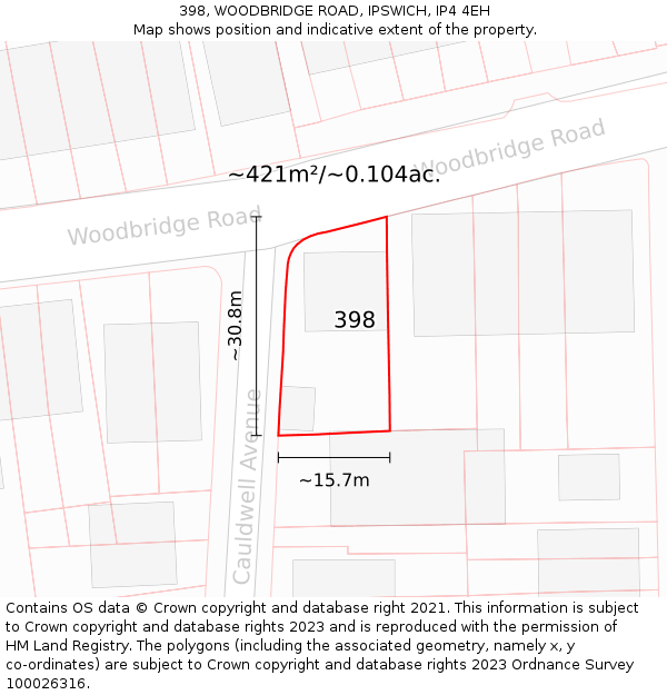 398, WOODBRIDGE ROAD, IPSWICH, IP4 4EH: Plot and title map