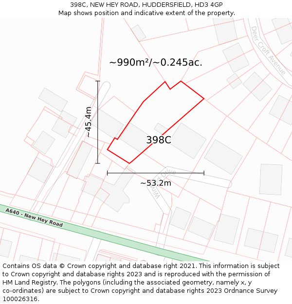 398C, NEW HEY ROAD, HUDDERSFIELD, HD3 4GP: Plot and title map