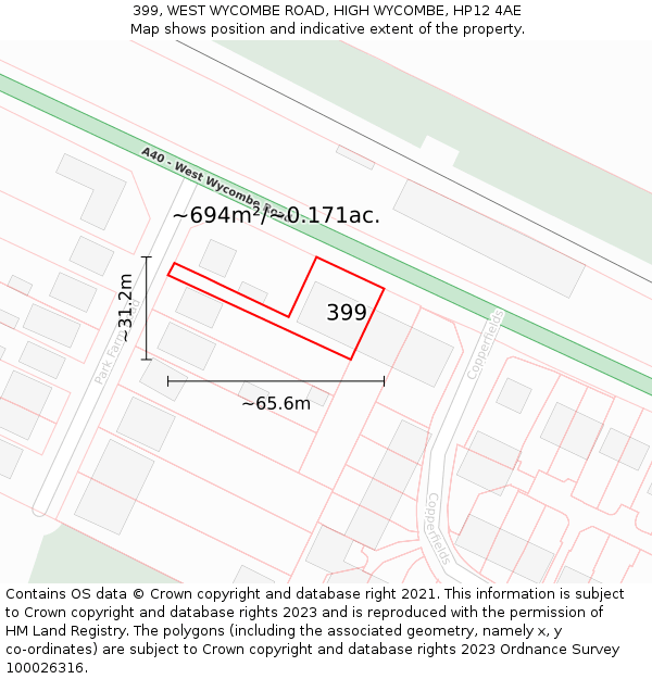 399, WEST WYCOMBE ROAD, HIGH WYCOMBE, HP12 4AE: Plot and title map