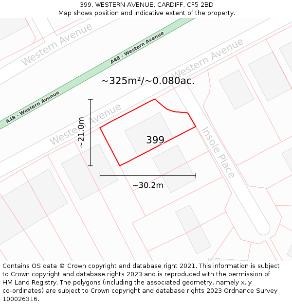 399, WESTERN AVENUE, CARDIFF, CF5 2BD: Plot and title map