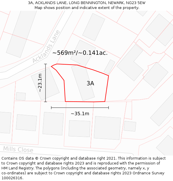 3A, ACKLANDS LANE, LONG BENNINGTON, NEWARK, NG23 5EW: Plot and title map