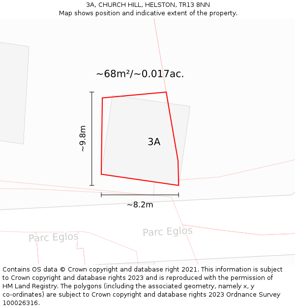 3A, CHURCH HILL, HELSTON, TR13 8NN: Plot and title map