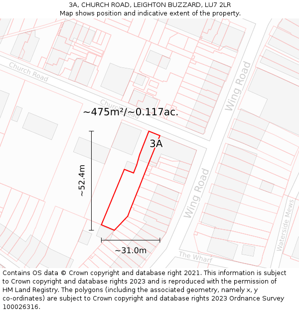 3A, CHURCH ROAD, LEIGHTON BUZZARD, LU7 2LR: Plot and title map