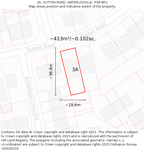 3A, SUTTON ROAD, WATERLOOVILLE, PO8 8PU: Plot and title map