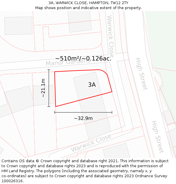 3A, WARWICK CLOSE, HAMPTON, TW12 2TY: Plot and title map