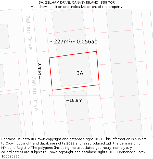 3A, ZELHAM DRIVE, CANVEY ISLAND, SS8 7QR: Plot and title map