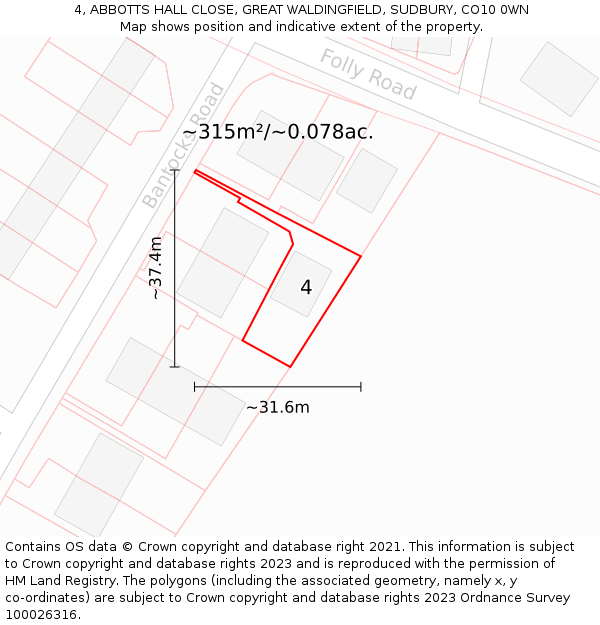 4, ABBOTTS HALL CLOSE, GREAT WALDINGFIELD, SUDBURY, CO10 0WN: Plot and title map