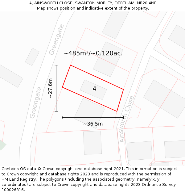 4, AINSWORTH CLOSE, SWANTON MORLEY, DEREHAM, NR20 4NE: Plot and title map